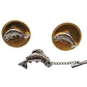 Fish Trout Cufflinks Tie Pin Gold Silver Tone Tac Fisherman 1970s Round Links